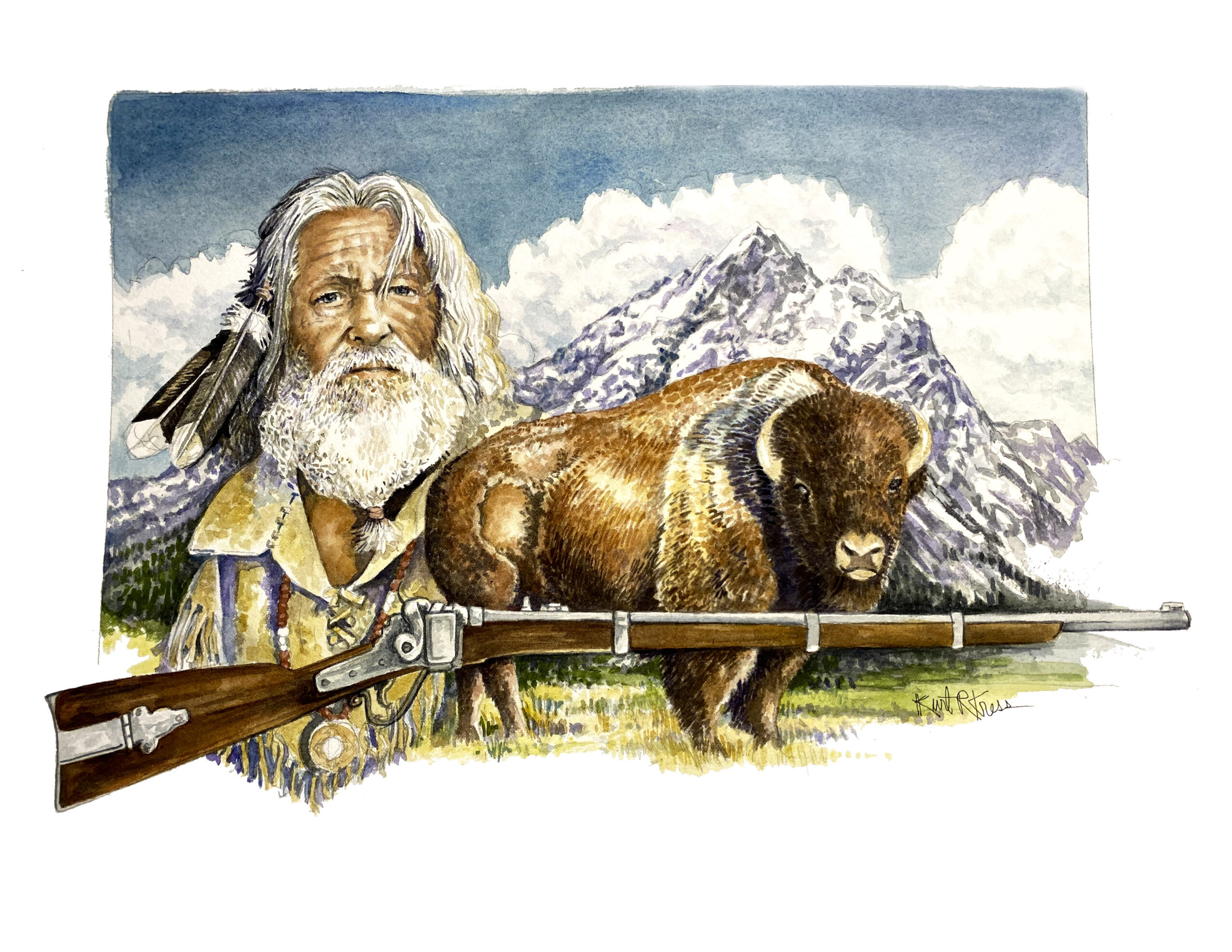 native american art man with buffalo watercolor