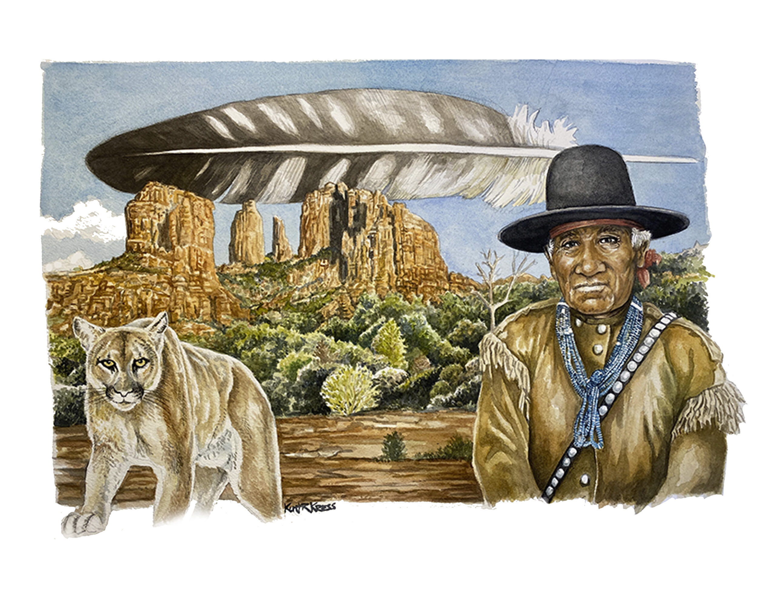 Native american man with mountain lion watercolor