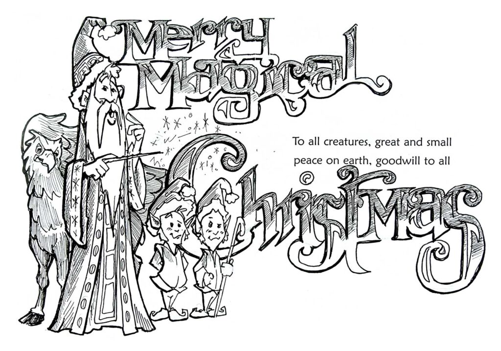 Christmas Card Character Illustration Black Line Pen and Ink