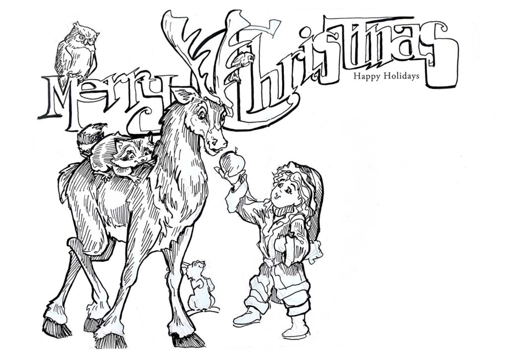 Christmas Card Character Illustration Black Line Pen and Ink