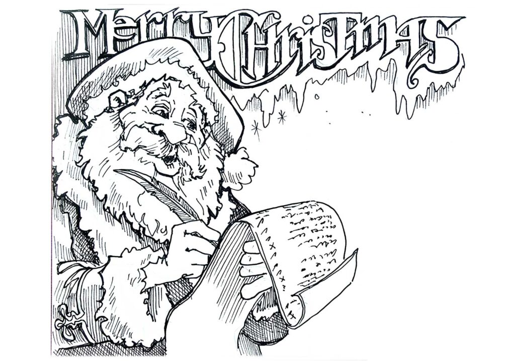 Christmas Card Character Illustration Black Line Pen and Ink