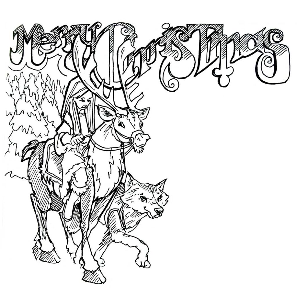 Christmas Card Character Illustration Black Line Pen and Ink
