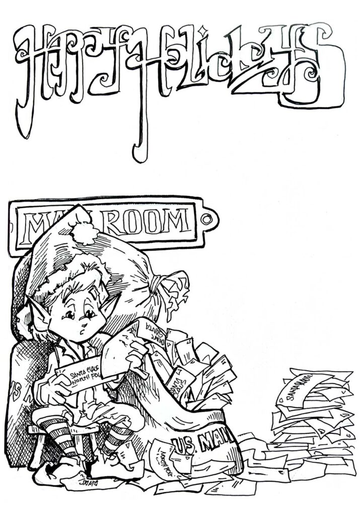 Christmas Card Character Illustration Black Line Pen and Ink