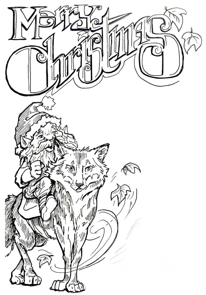 Christmas Card Character Illustration Black Line Pen and Ink