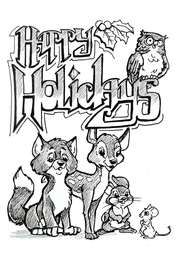 Christmas Card Character Illustration Black Line Pen and Ink